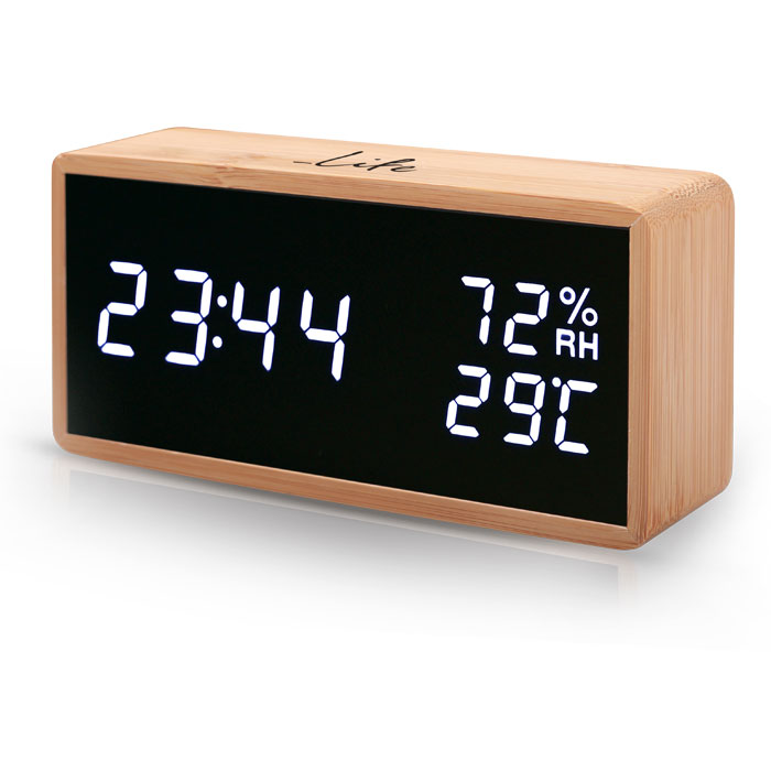 Termómetro / higrómetro LIFE Noble de bambú con reloj y alarma, dígitos LED