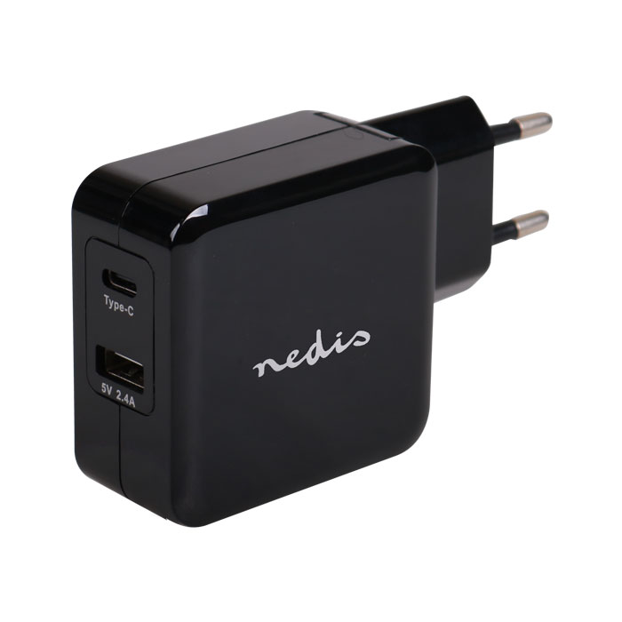 NEDIS WCHAU483ABK Wall Charger, 4.8A, 2-outputs, USB-A & USB-C, Black