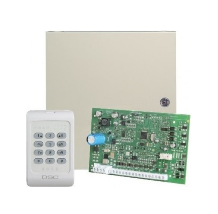 DSC POWERSERIES KIT04-1WENG Kit de alarma de 4 zonas con caja metálica y teclado PC1404RKZ