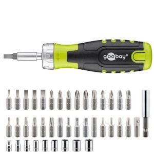 74002 42-piece ratchet screwdriver box with a removable handle for 12 bits and a