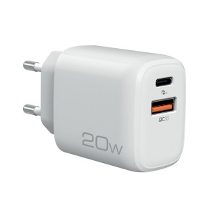NOD E-WALL AC20 Cargador de hogar universal USB-A QC3.0 y USB-C PD3.0 20W, en color blanco.