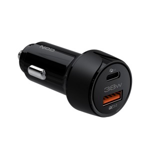 NOD E-CAR AC38 Cargador de coche universal USB-A QC3.0 y USB-C PD3.0 38W, en color negro.