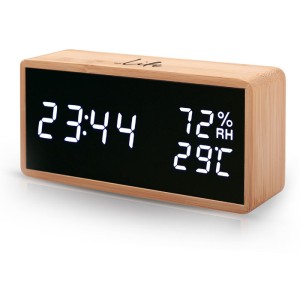 LIFE Noble Bamboo Thermometer / Hygrometer mit Uhr und Wecker, LED-Ziffern