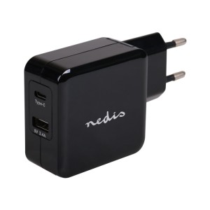 Cargador de pared NEDIS WCHAU483ABK, 4.8A, 2 salidas, USB-A y USB-C, negro