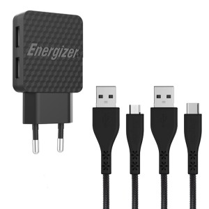 ENERGIZER AC2BEULCMM CARICATORE DA PARETE LW 2.4A 2USB EU + USB-C2.0 + MCable Nero