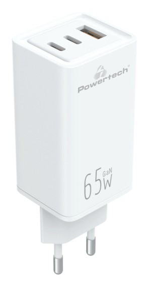 POWERTECH φορτιστής τοίχου PT-1094, USB & 2x USB-C, 65W, GaN, λευκός