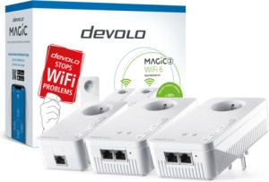 Devolo Magic 2 WiFi 6 Powerline Triple Kit für Wi-Fi 6 Wireless-Verbindung mit Passthrough-Buchse und 2 Gigabit-Ethernet-Ports