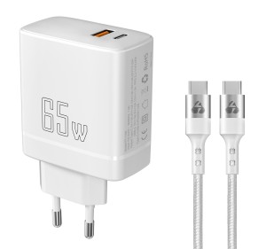 POWERTECH φορτιστής τοίχου PT-1182, καλώδιο, USB/USB-C, 65W, GaN, λευκός