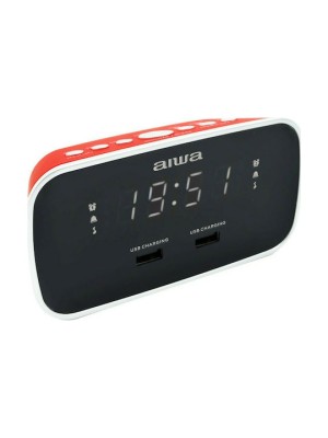 AIWA CRU-19RD DUAL ALARM CLOCK RADIO WITH 2 CHARGING USB PORTS RED