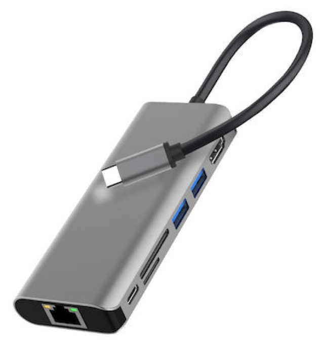 POWERTECH docking station PTH-103, 8 θυρών, USB-C σύνδεση, 100W PD, γκρι