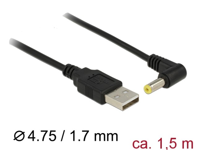 Delock 83576 Καλώδιο Τροφοδοσίας USB-A σε DC 4.75x1.7mm 5V 1.5m 90°