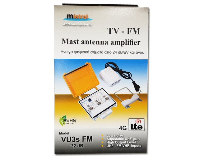 Amplificador de antena Mistral VU3s-FM 0214 VHF-UHF y FM, 32dB
