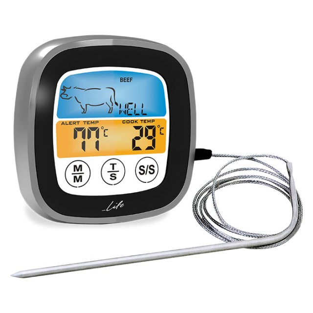 LIFE WELL DONE 2 σε 1 ψηφιακό θερμόμετρο κρέατος & χρονόμετρο κουζίνας με έγχρωμη οθόνη αφής.