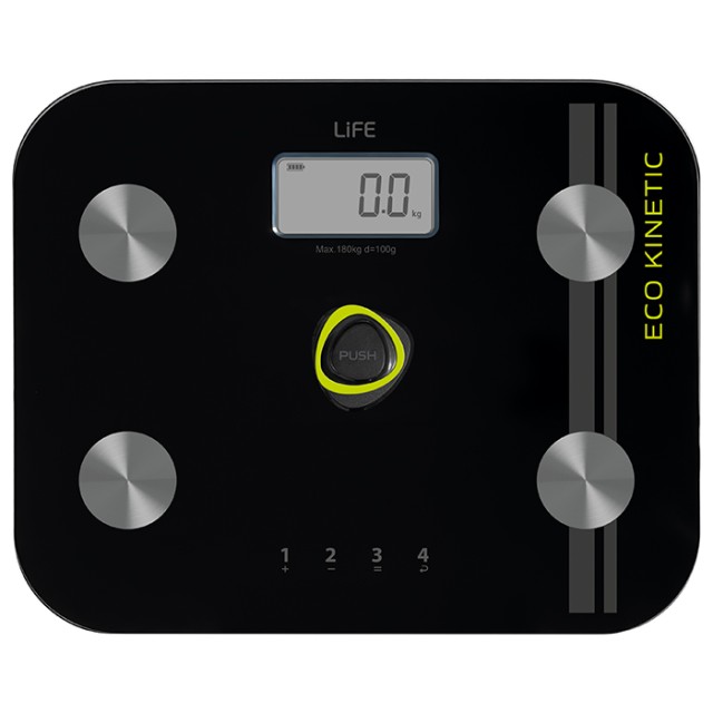 LIFE KINETIC Battery-free γυάλινη ψηφιακή ζυγαριά μπάνιου με λιπομέτρηση, 6 σε 1.