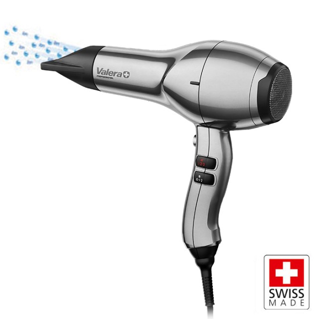 VALERA SWISS SILENT JET 8700 RC D Επαγγελματικό σεσουάρ μαλλιών με AC μοτέρ 2400W και SuperFlex καλώδιο 3 μέτρων, με σύστημα Rotocord για περιστροφή 360°, σε ασημί χρώμα.