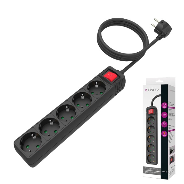 SONORA PSB501-CB Πολύπριζο 5 θέσεων με διακόπτη ON/OFF και καλώδιο 1.5m σε μαύρο χρώμα