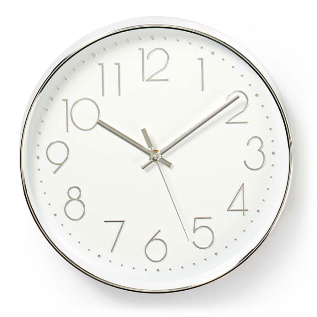 NEDIS CLWA015PC30SR Reloj de pared circular, 30 cm de diámetro, blanco y plateado