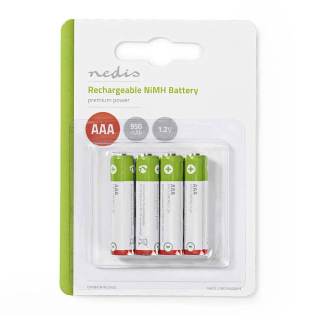 NEDIS BANM9HR034B Batería recargable Ni-MH AAA, 1.2V, 950 mAh, 4 piezas, Blist