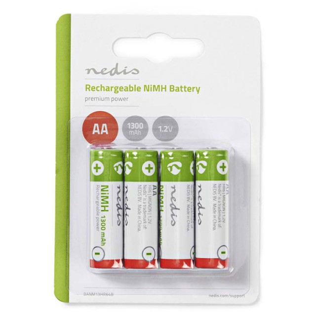 NEDIS BANM13HR64B Batteria Ni-MH AA Ricaricabile, 1.2V, 1300 mAh, 4 pezzi, Blist