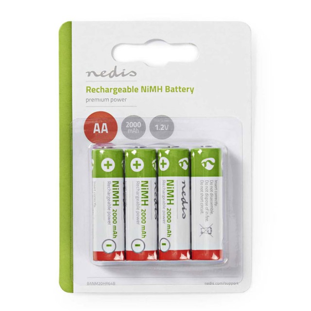 NEDIS BANM20HR64B Batería recargable Ni-MH AA, 1.2V, 2000 mAh, 4 piezas, Blist