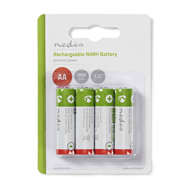 NEDIS BANM26HR64B Batería recargable Ni-MH AA, 1.2V, 2600 mAh, 4 piezas, Blist