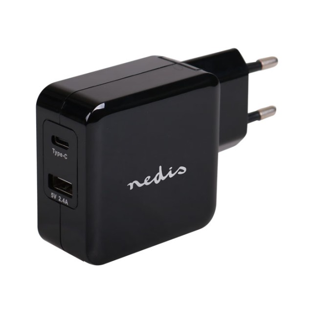 NEDIS WCHAU483ABK Caricabatterie da parete, 4.8 A, 2 uscite, USB-A e USB-C, nero