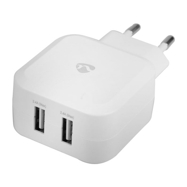 NEDIS WCHAU484AWT Wall Charger, 4.8A, 2-outputs, USB-A, White