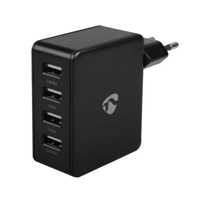 NEDIS WCHAU481ABK Wall Charger, 4.8A, 4-outputs, USB-A, Black