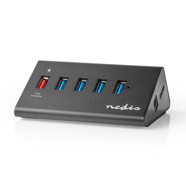 NEDIS UHUBUP3510BK Concentrador USB de 5 puertos QC3.0 / USB 3.2 Gen1 Alimentado por la red / Alimentado por USB 5