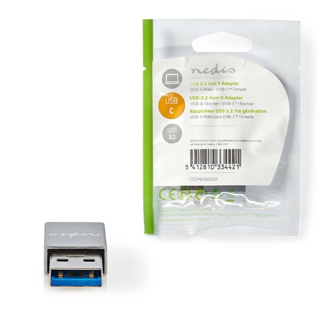 NEDIS CCGP60925GY Adaptador USB USB 3.2 Gen 1 USB-A Macho USB Tipo-C Hembra Níquel