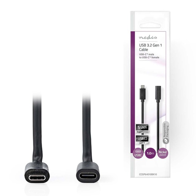 NEDIS CCGP64010BK10 USB CABLE USB-C MALE USB-C FEMALE 1.00m BLACK