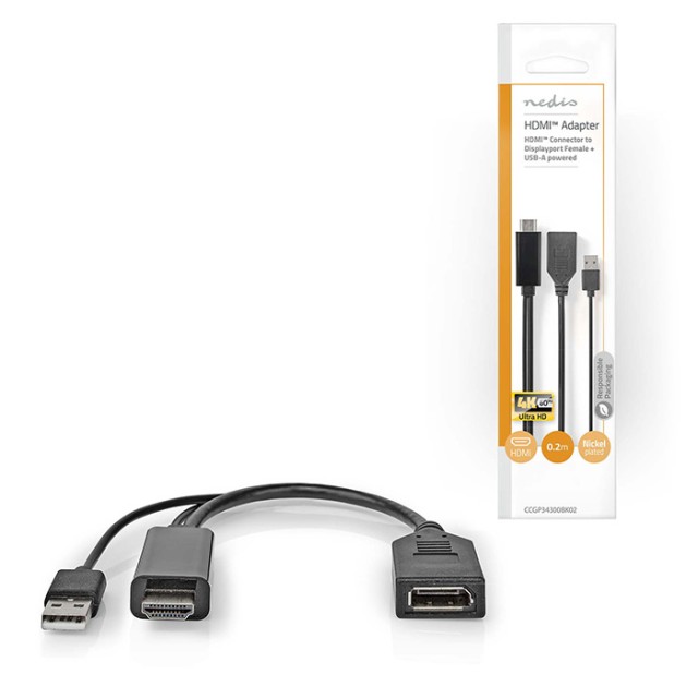 NEDIS CCGP34300BK02 HDMI-ADAPTER HDMI-ANSCHLUSS-DISPLAYPORT-STECKER SCHWARZ