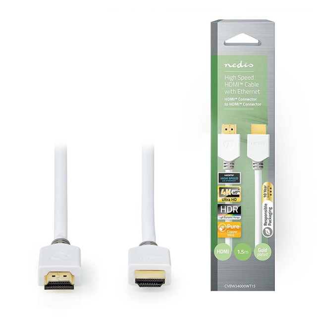 NEDIS CVBW34000WT15 HIGH SPEED HDMI CABLE WITH ETHERNET 4K at 60Hz 18Gbps 1.50m White