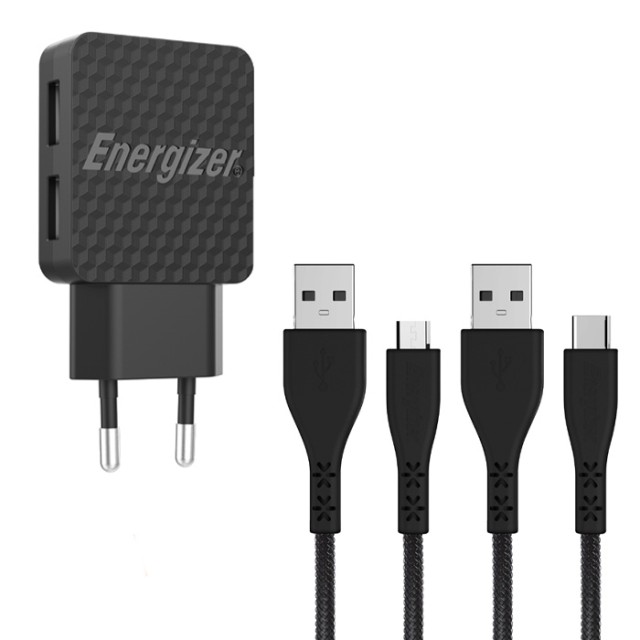 ENERGIZER AC2BEULCMM WALL CHARGER LW 2.4A 2USB EU + USB-C2.0 + MCable Black