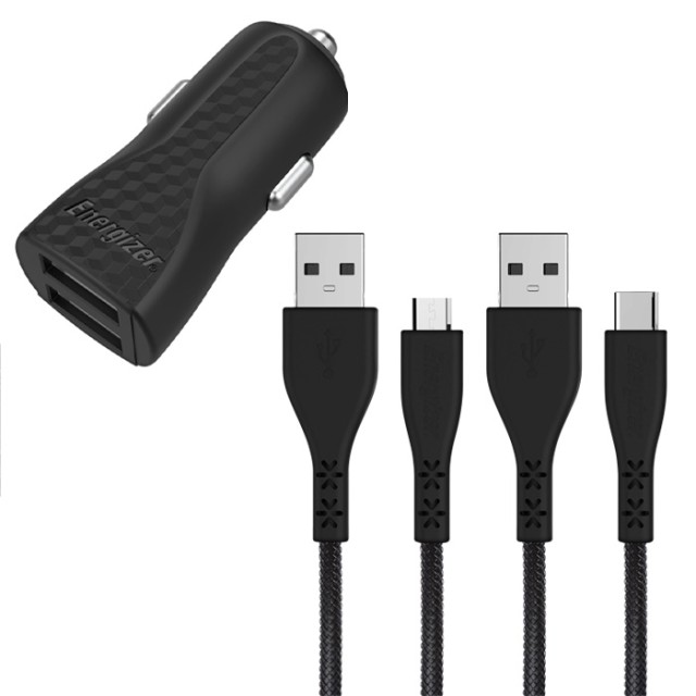 ENERGIZER DC2BLCMM CAR CHARGER LW 2.4A 2USB+USB-C2.0 +Micro Cable Black