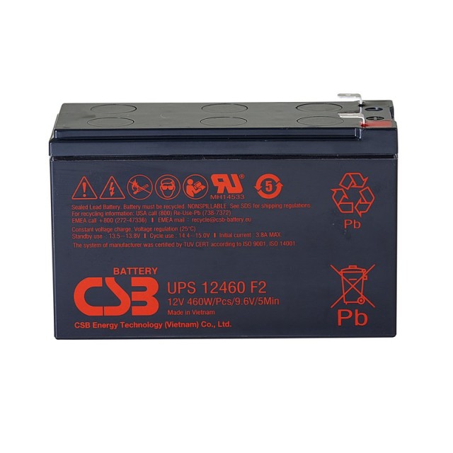 CSB UPS12460 12V 8.5Ah VRLA AGM μπαταρία για UPS, συναγερμούς και συστήματα ασφαλείας. Υψηλή απόδοση, χωρίς συντήρηση, με ακροδέκτες F2.