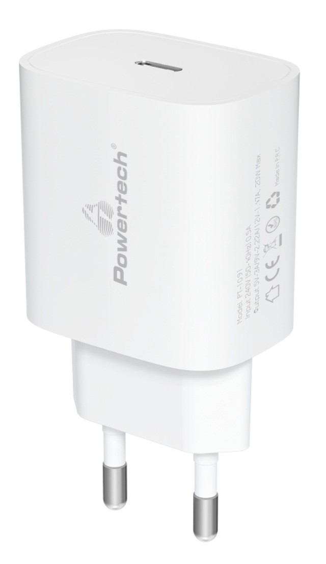 POWERTECH φορτιστής τοίχου PT-1044, USB & USB-C, PD QC3.0, 30W, λευκός