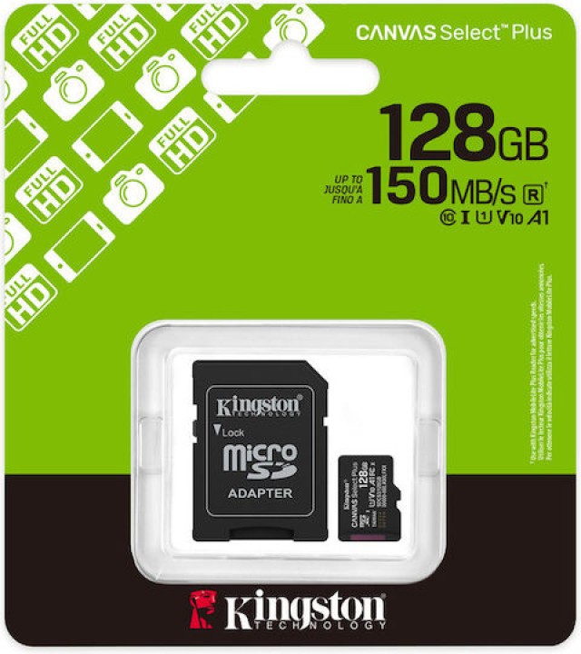Κάρτα Μνήμης Kingston Canvas Select Plus+ MicroSDXC 128GB Class 10 με SD Adapter έως 150MB/s SDCS3/128GB