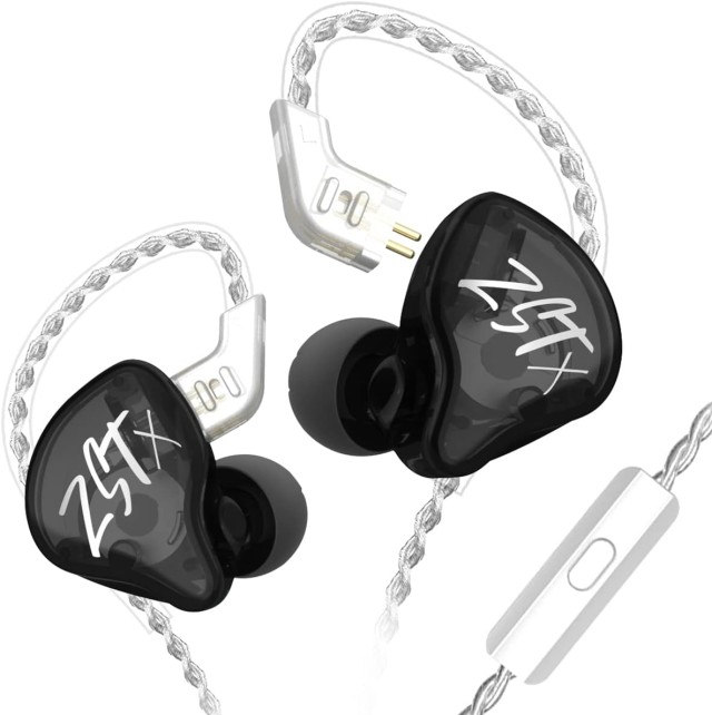 KZ ZST X Black With Mic - IEM 3,5 In Ear Monitor Earphones, Dynamic Hybrid Dual Driver 1BA+1DD, 2x