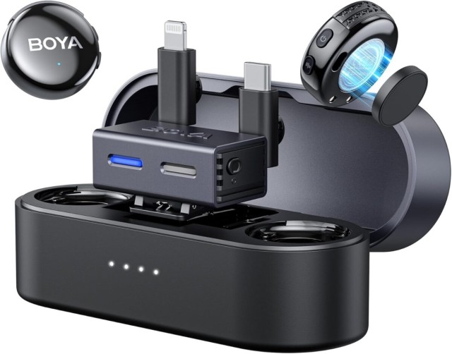 BOYALINK 3 - Type-C, Lightning & 3,5mm AI-Powered Button Wireless Microphone 2 TX + 1 RX + cha. Case