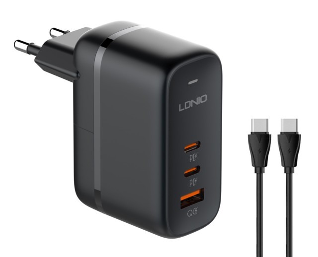 Ldnio Φορτιστής GaN με Θύρα USB-A και 2 Θύρες USB-C και Καλώδιο USB-C - USB-C 65W Quick Charge 3.0 / Power Delivery Μαύρος (Q366)