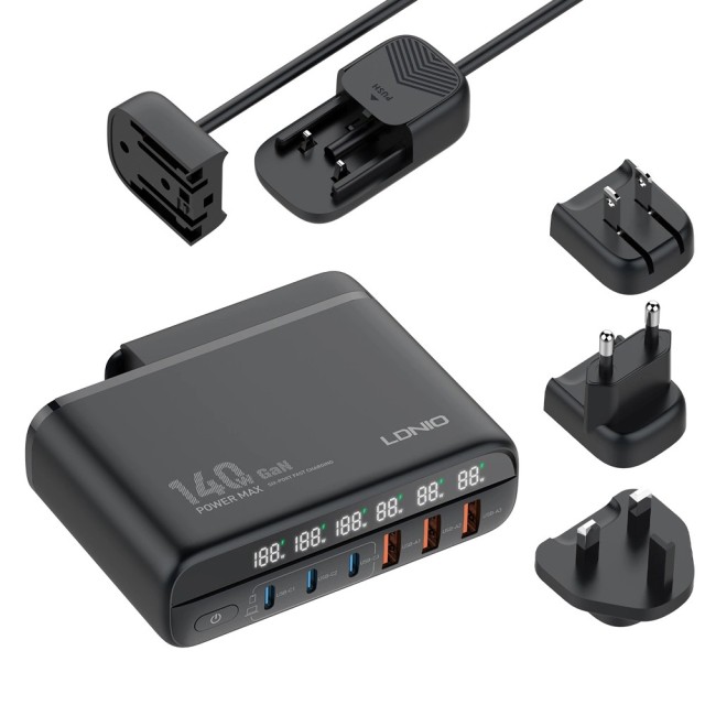 Estación de carga LDNIO A6140C, 3x USB-C/3x USB, 140W, PD/QC, GaN, negro