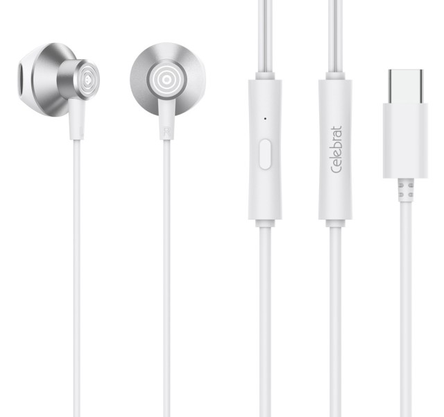 CELEBRAT earphones με μικρόφωνο D14, USB-C, 1.2m, λευκά