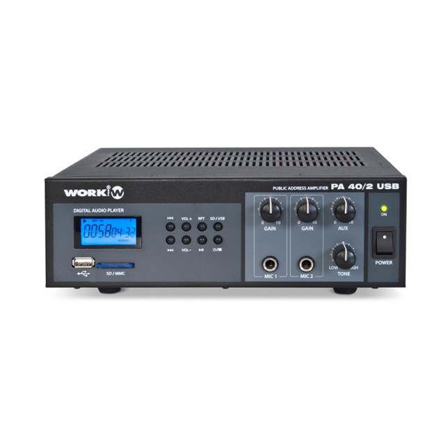 WORK PA 40/2 AMPLIFICADOR MIXTO USB 15W 3 ENTRADAS CON REPRODUCTOR USB