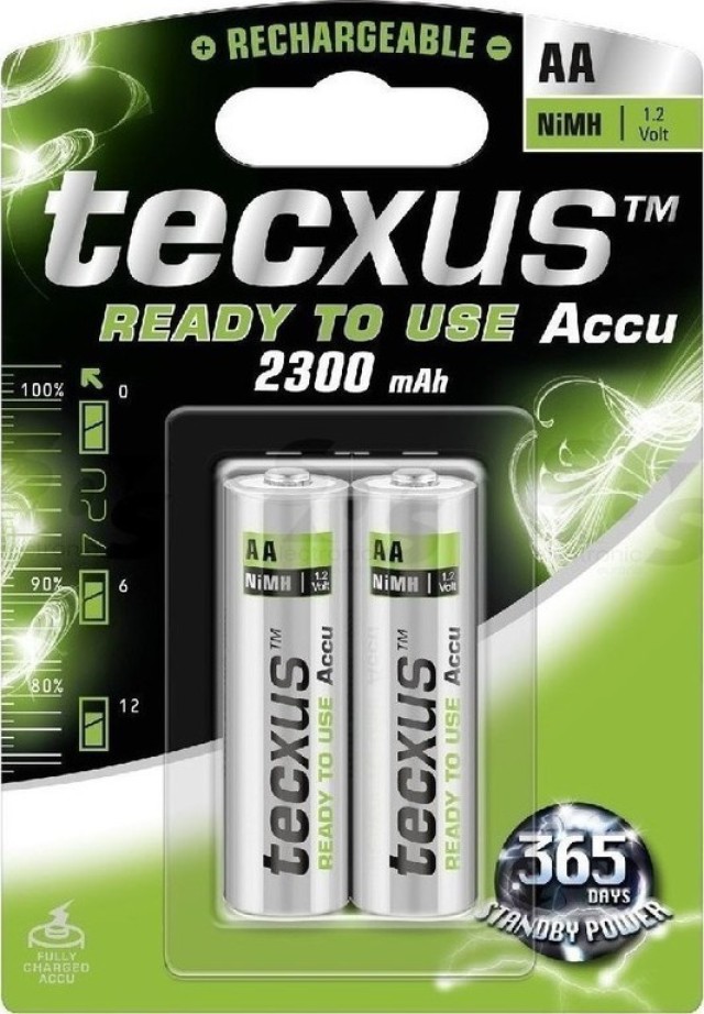 Tecxus, AA NIMH 1.2V. 2300 mAh, batería recargable lista para usar