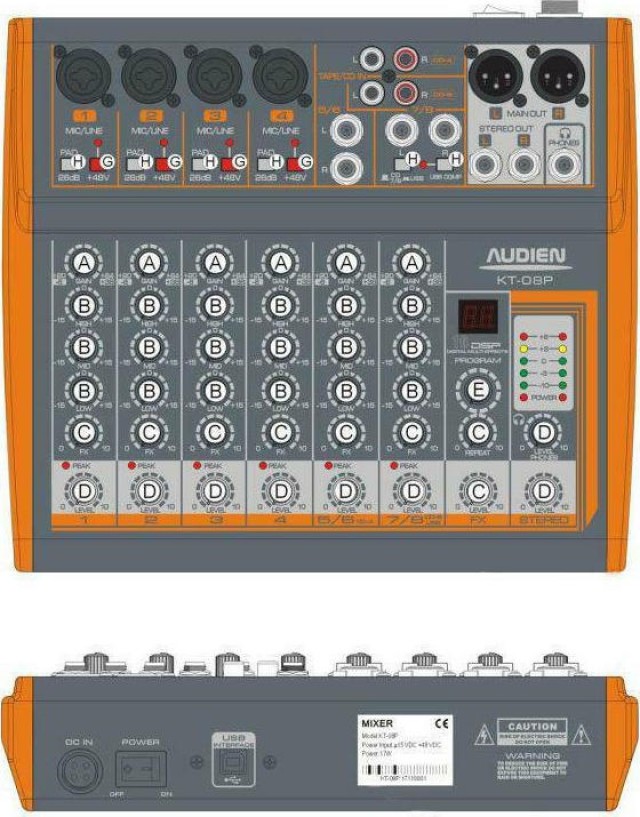 Consola de audio Audien KT08P de 8 canales con tarjeta de audio USB incorporada