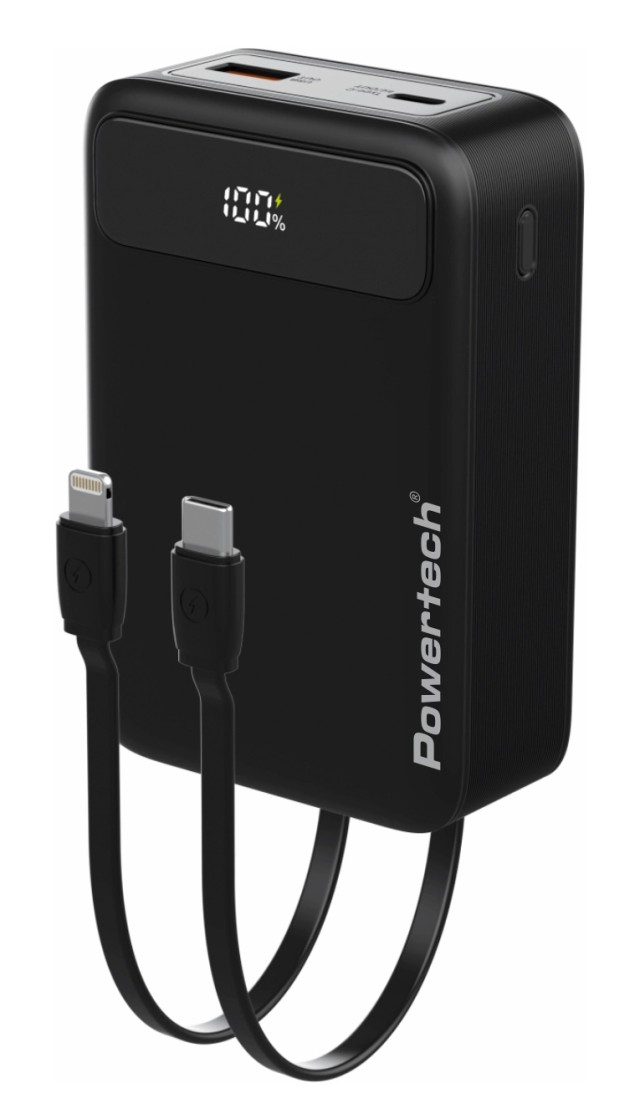 PT-1504 POWERTECH power bank με καλώδια & οθόνη, 20000mah, 22.5W, μαύρο