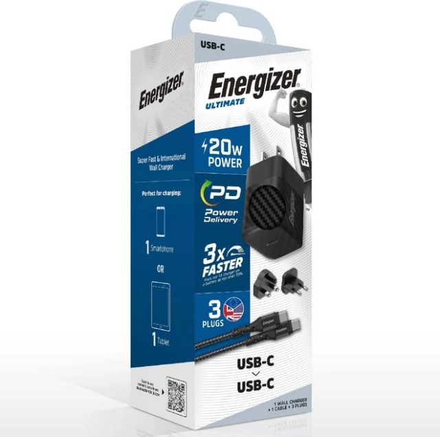 Energizer Φορτιστής με Καλώδιο USB-C με Θύρα USB-C 20W Power Delivery Black