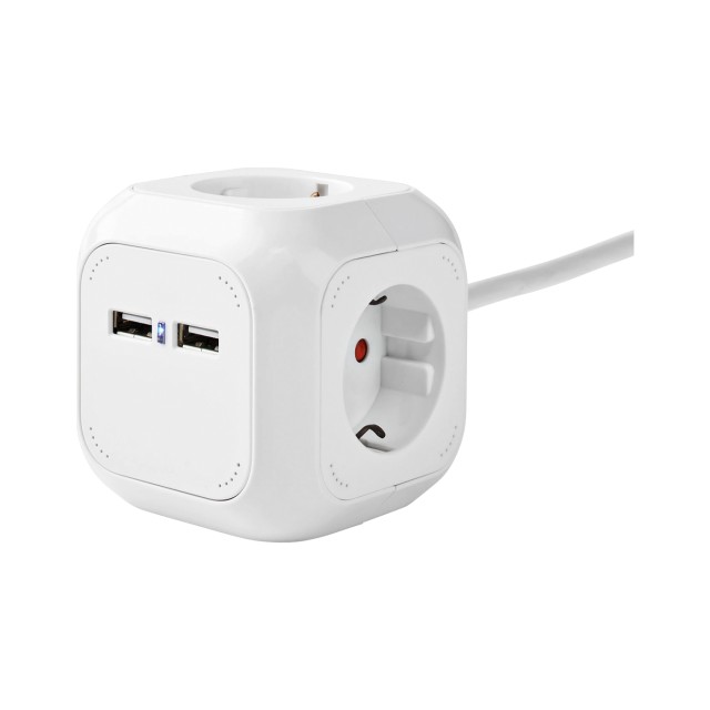NEDIS EXSOC415UFWT Cube-shaped power strip, 4-position Schuko + 2 USB ports and 1,50m cable.