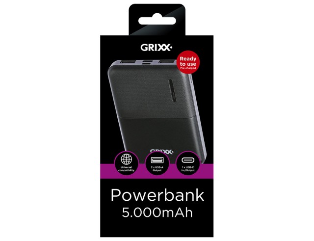 Grixx GREXTBP50B01 Power Bank 5000mAh con 2 porte USB-A e porta USB-C nero